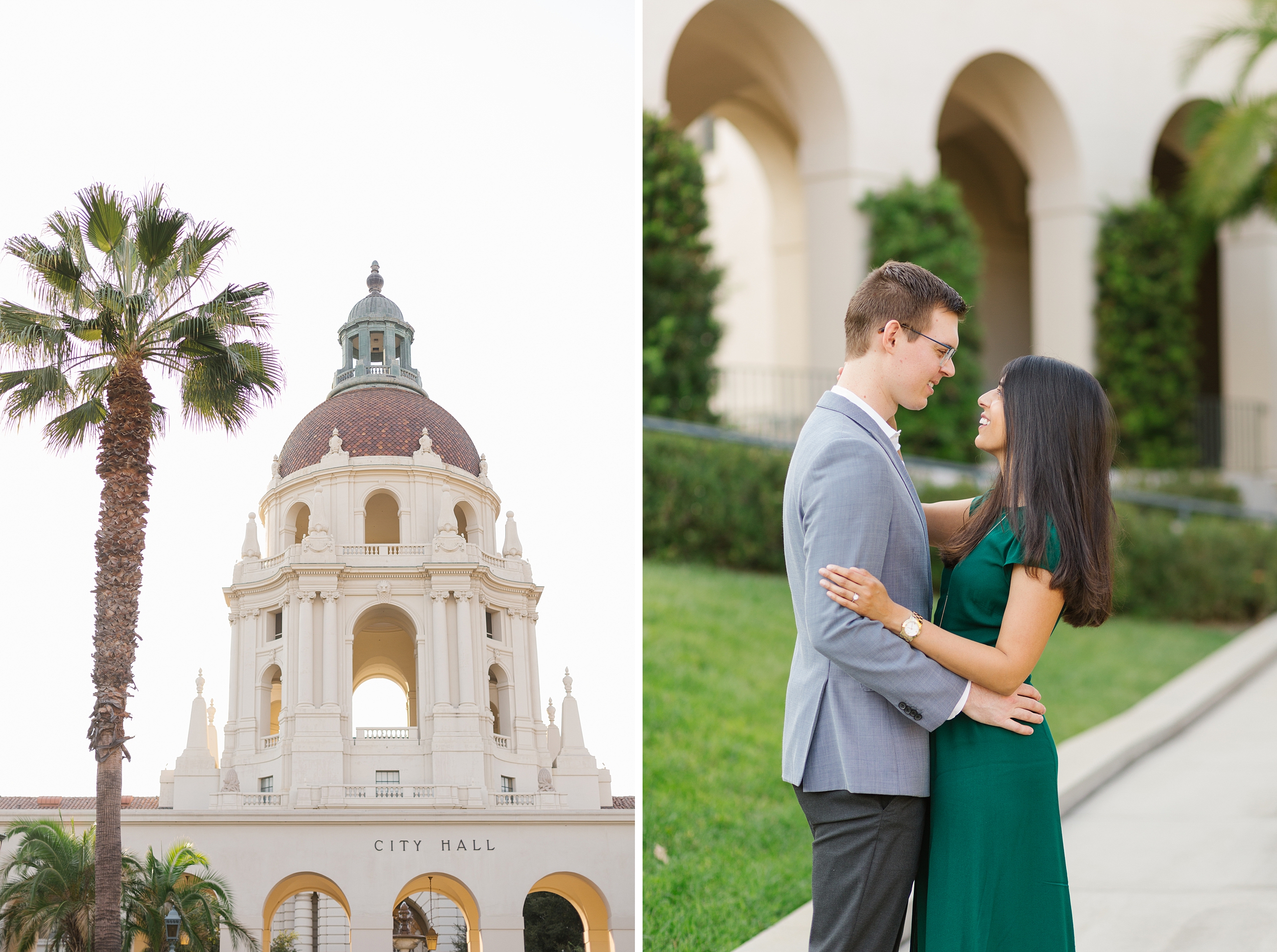city hall engagement session with emerald green dress