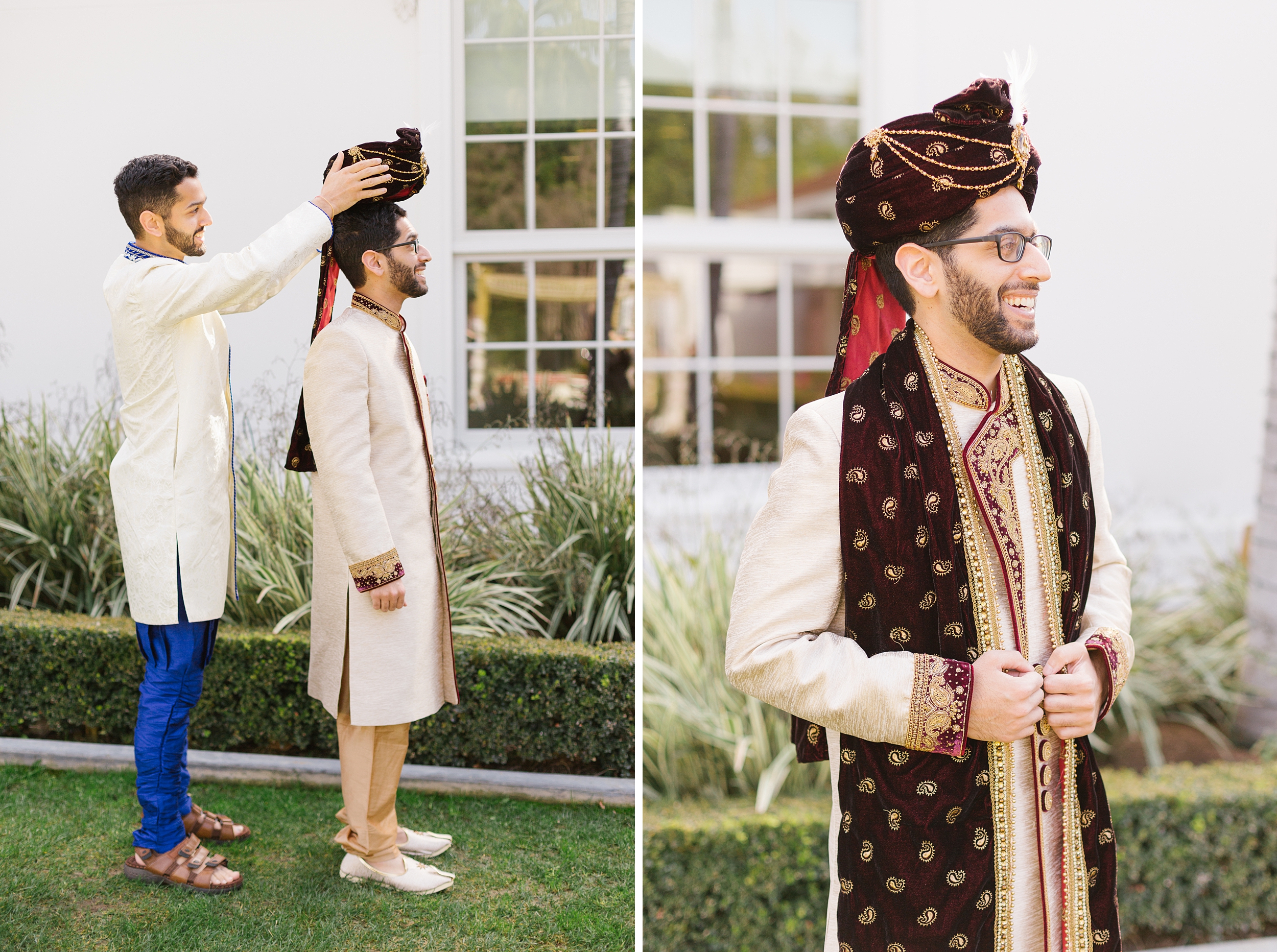 indian groom gets dressed for outdoor reception in Orange County, CA