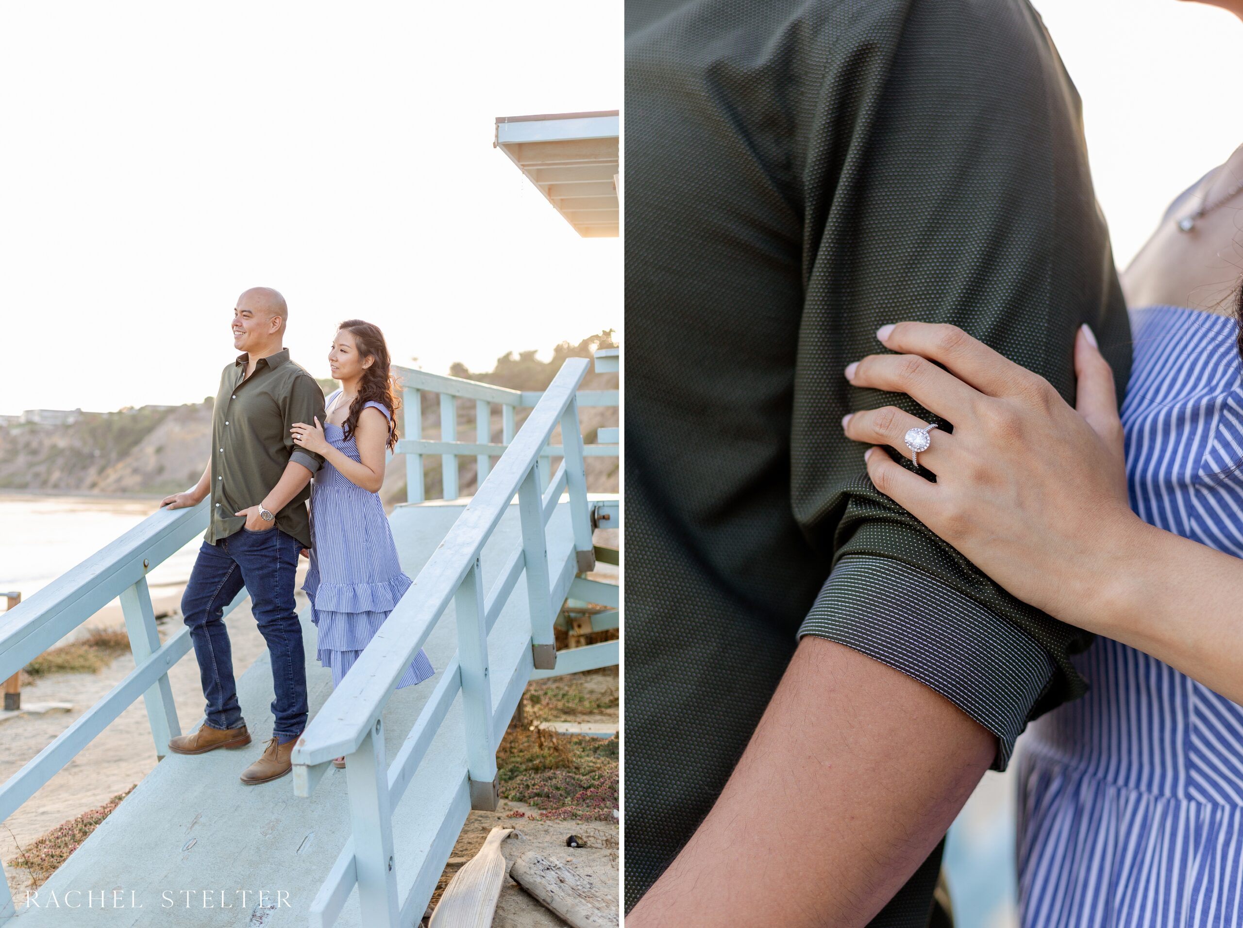 couple stands on lifeguard tower at Palos Verdes beach engagement photo shoot