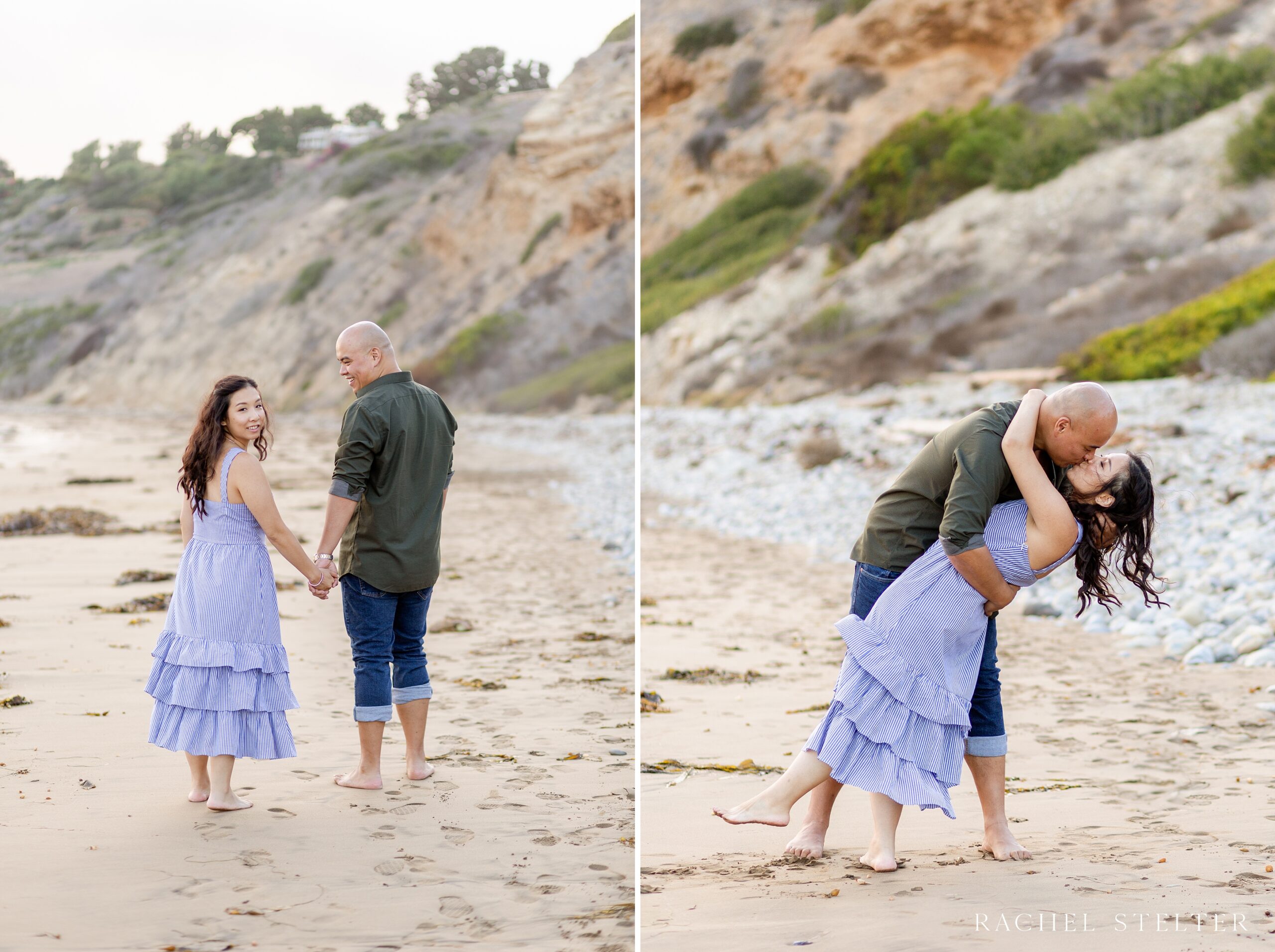 two photos of couple walking and dancing on beach for Palos Verdes engagement photos
