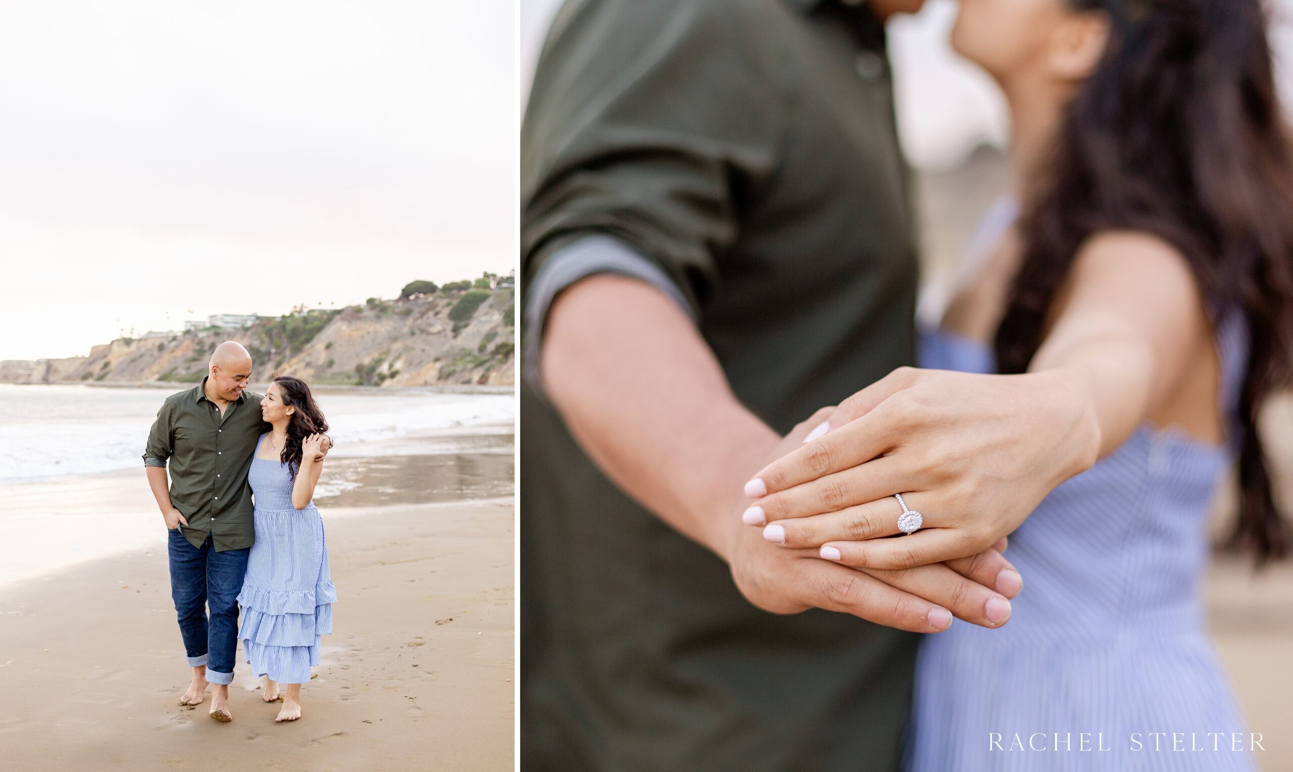 close up of engagement ring and couple walking along Abalone Cove