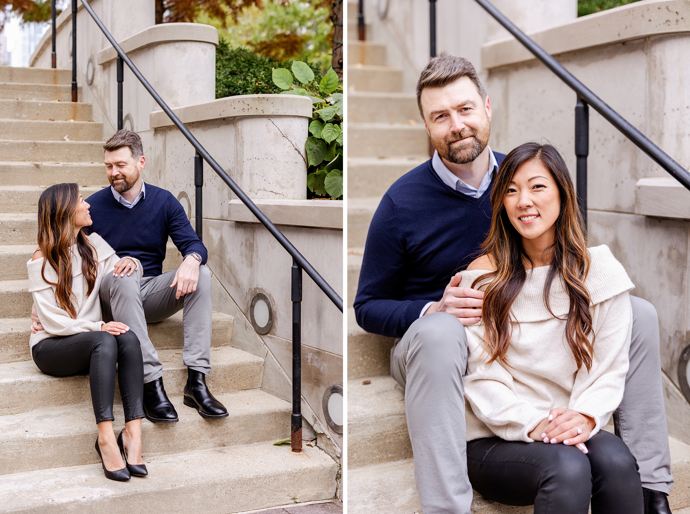 portraits of couple on steps at Chicago Riverwalk