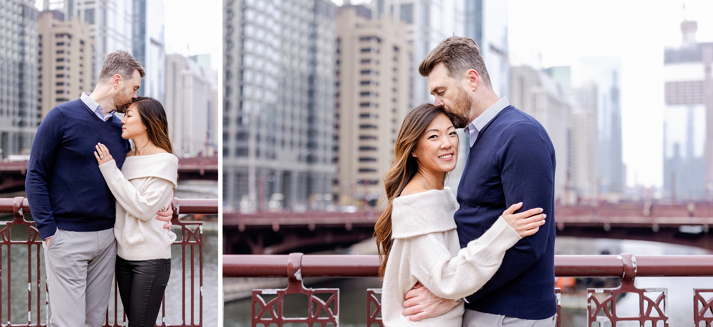 photos of couple on bridge over Chicago River