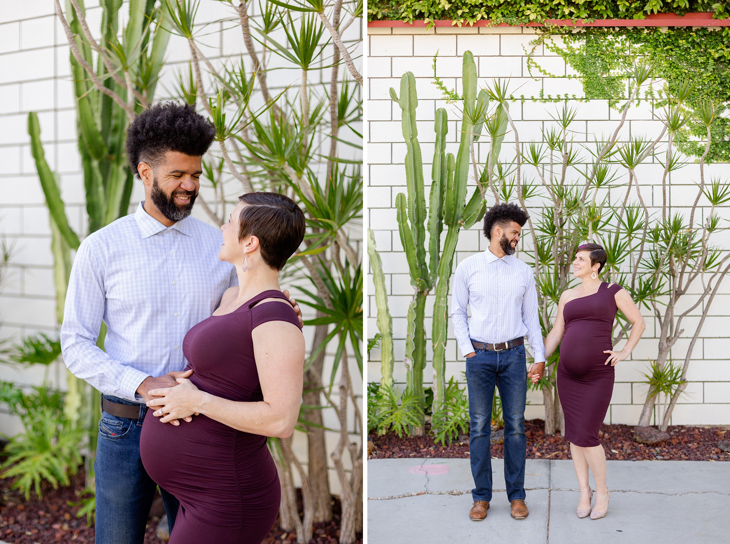expecting mom wears a stylish fitted purple dress for Culver City maternity session