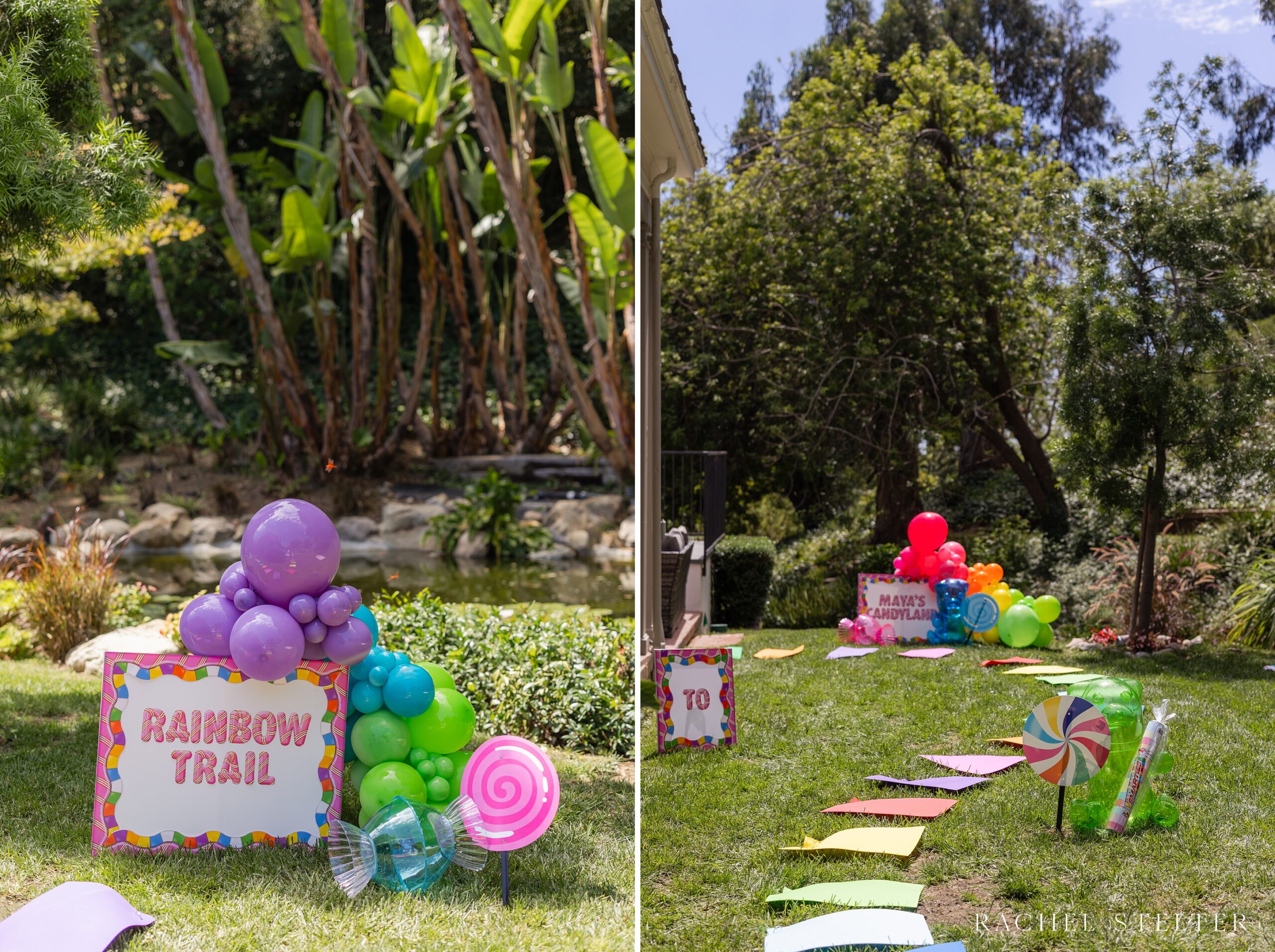 rainbow trail leading guests to backyard seventh birthday party