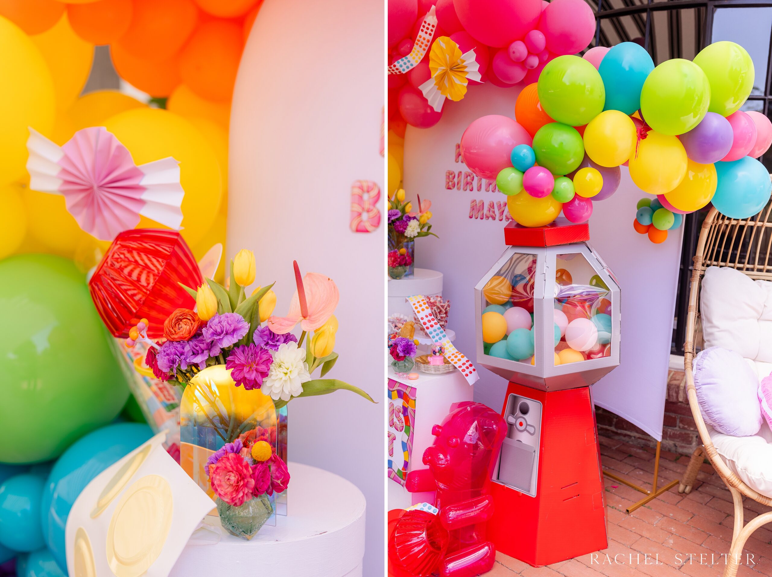 faux gumball machine at colorful candyland birthday
