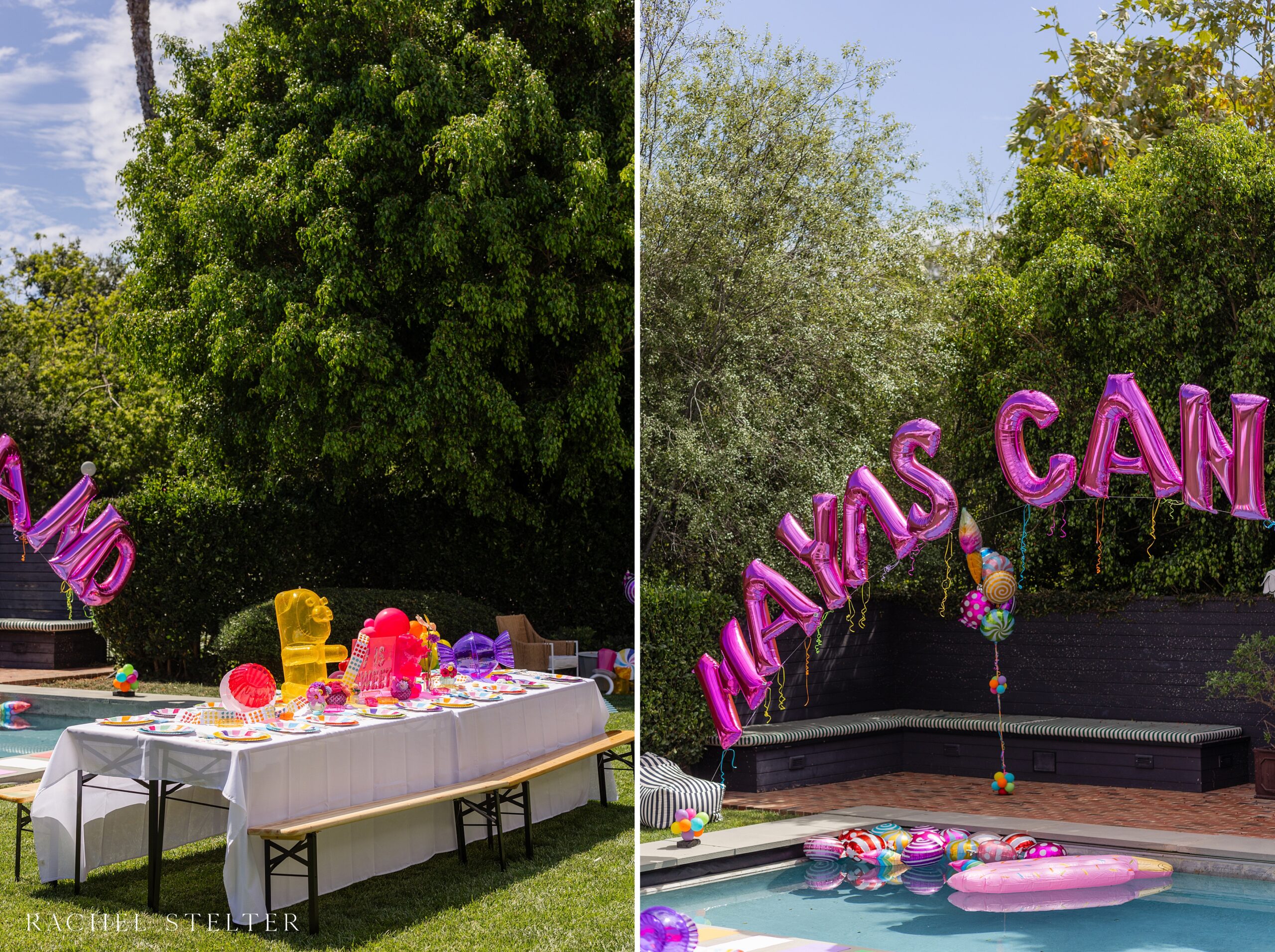 colorful candy decor for backyard birthday