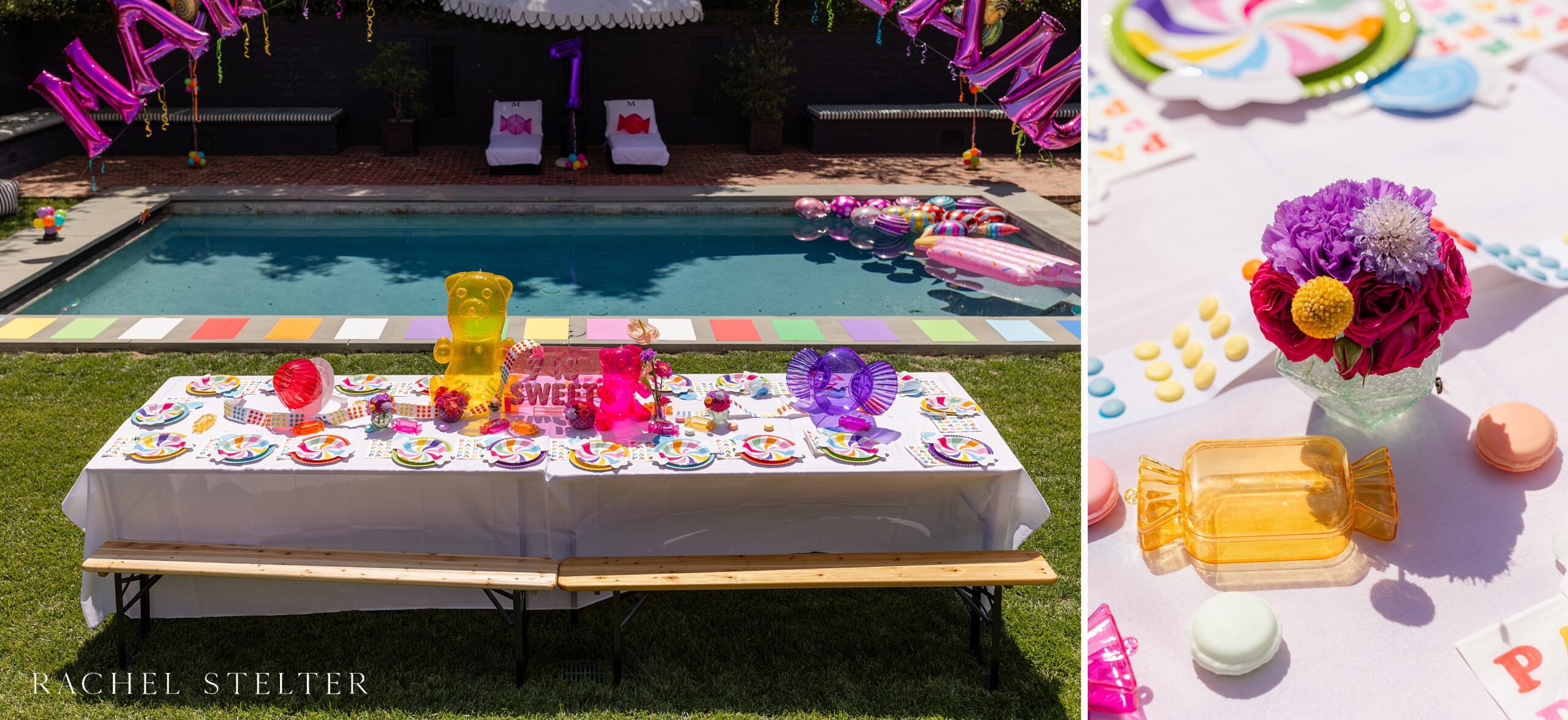 vibrant table decor for a candy themed seventh birthday