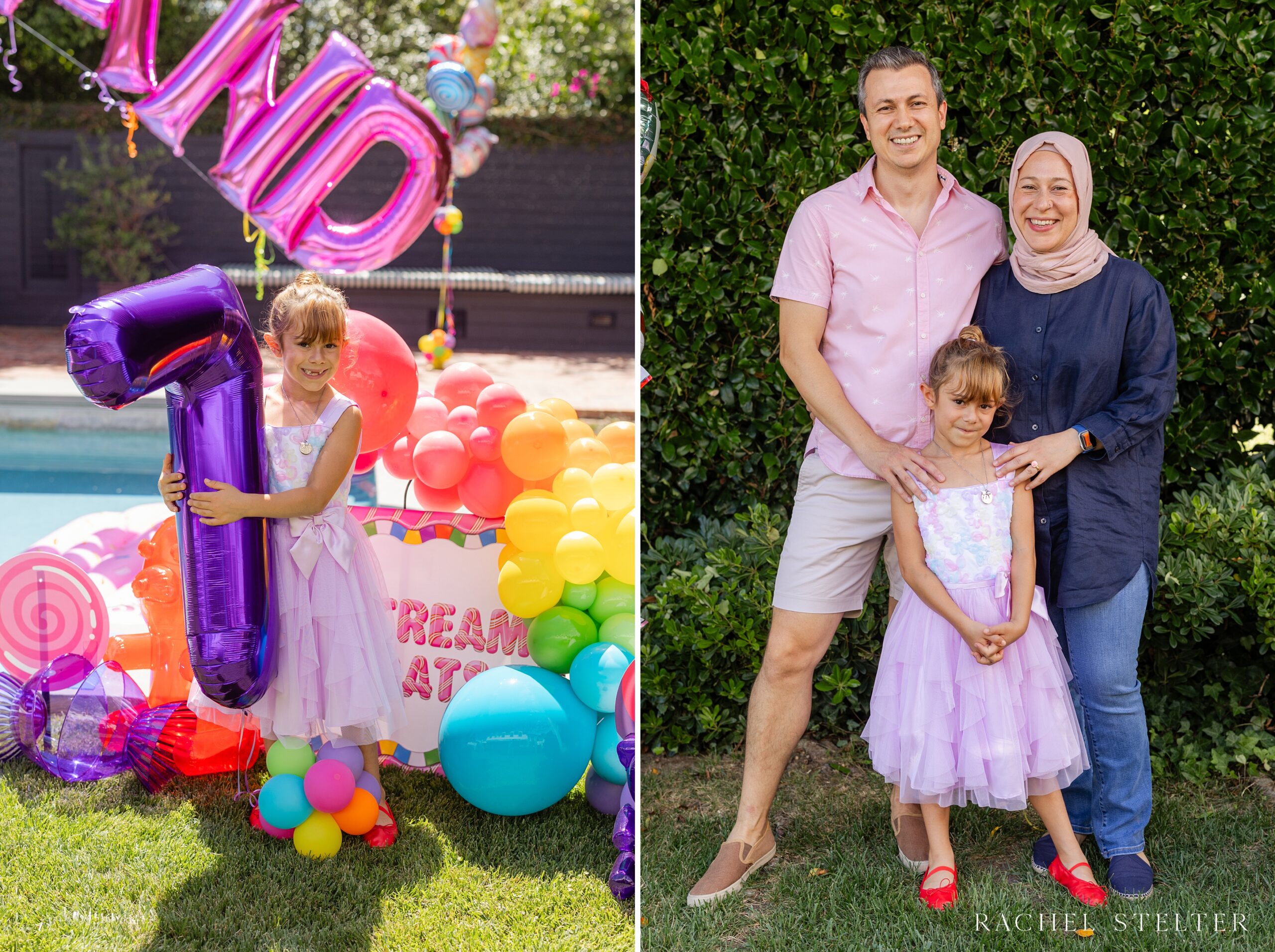 family portraits at colorful backyard birthday in Los Angeles
