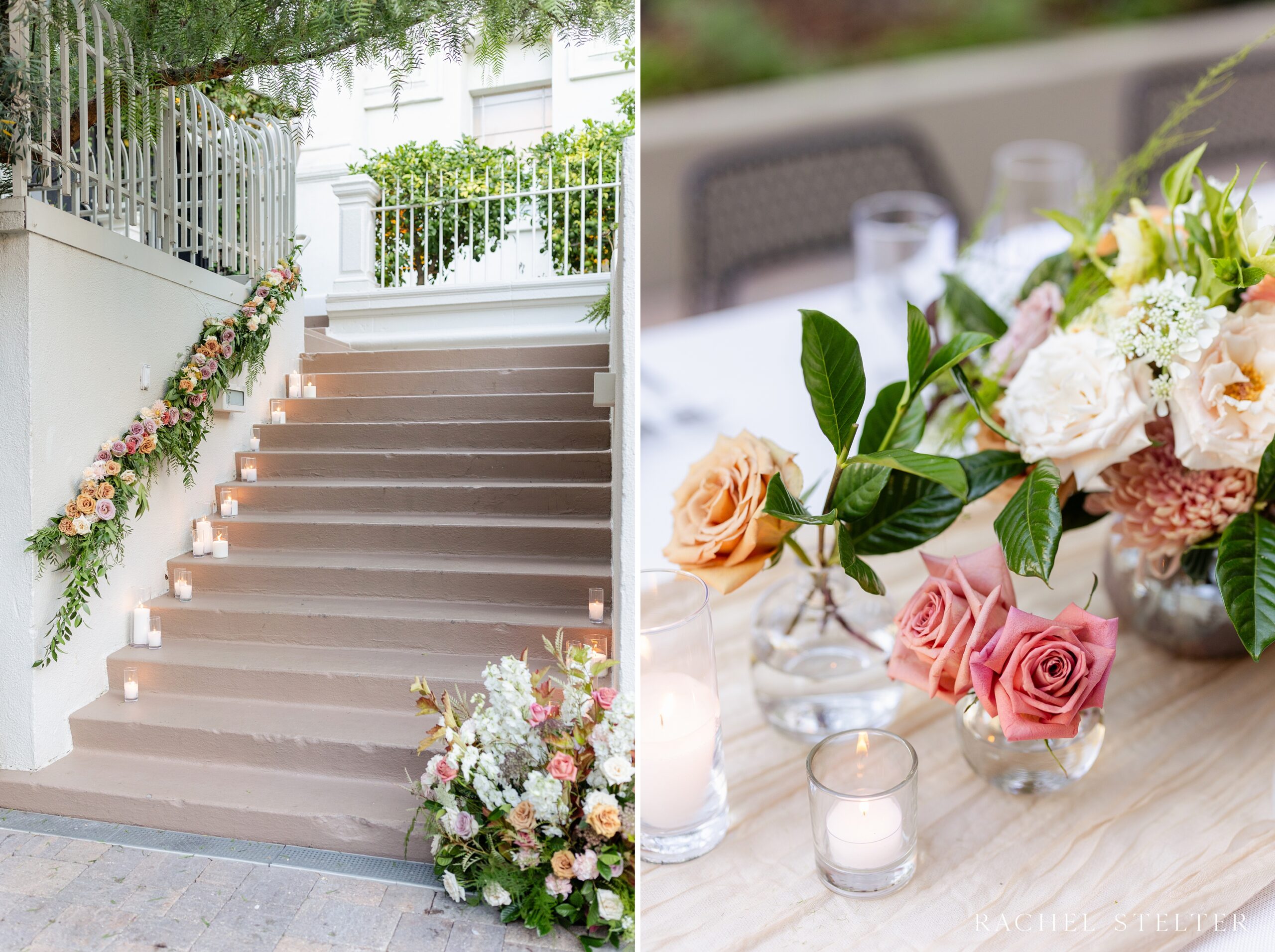 staircase wedding ceremony flowers for intimate los angeles ceremony