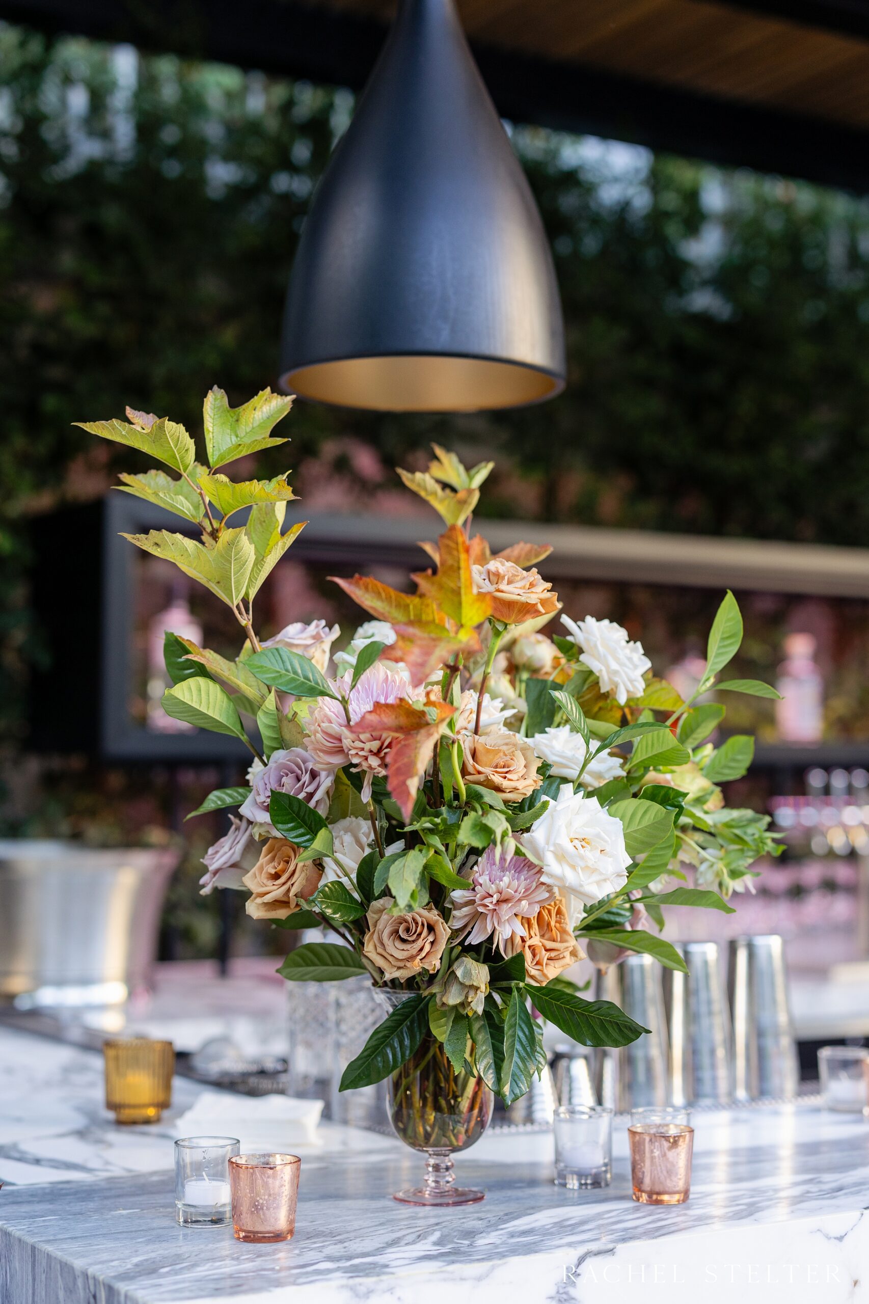 floral arrangement for the bar at Redbird LA garden wedding