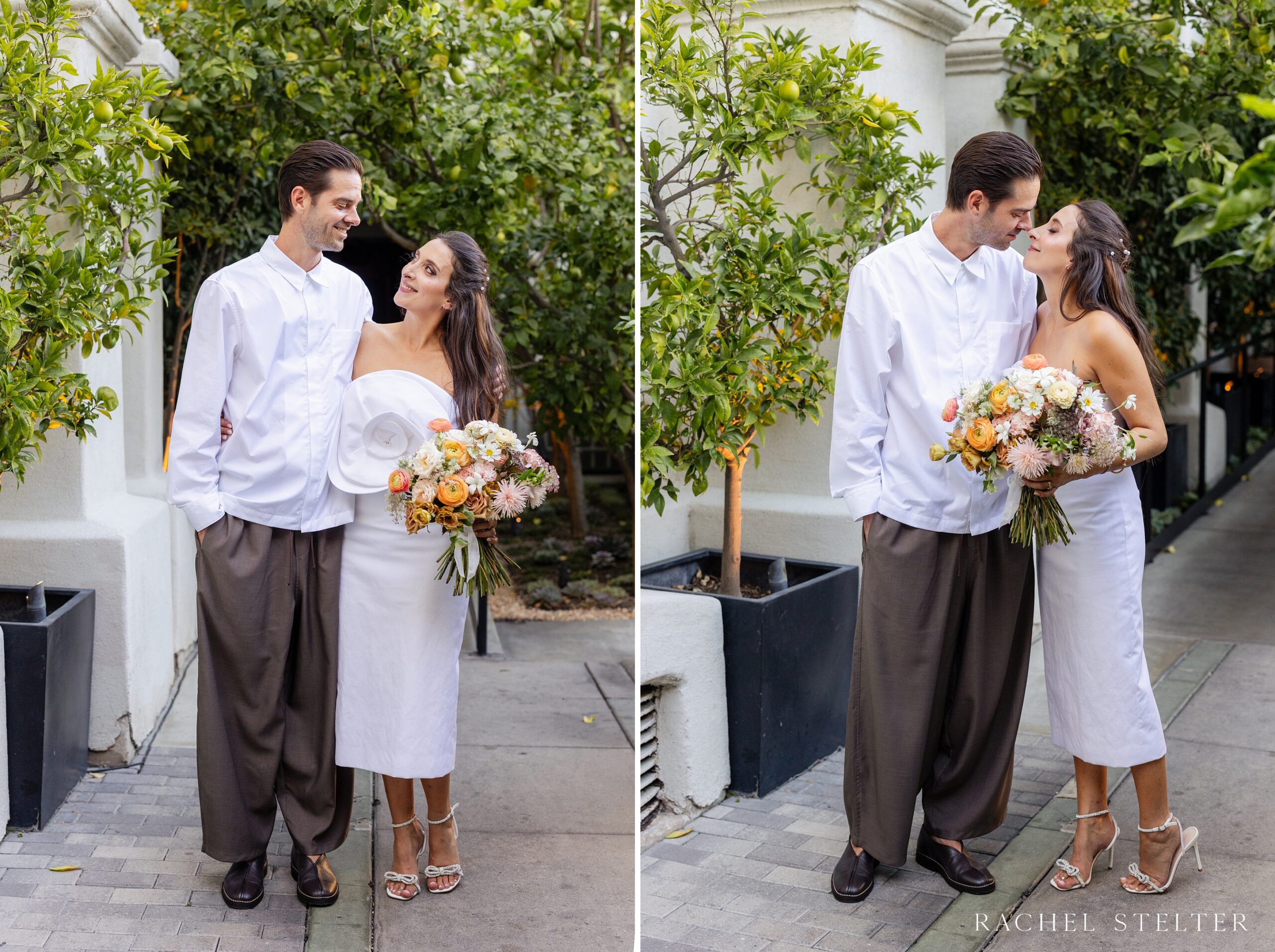 bride and groom portraits before their intimate wedding at Redbird LA