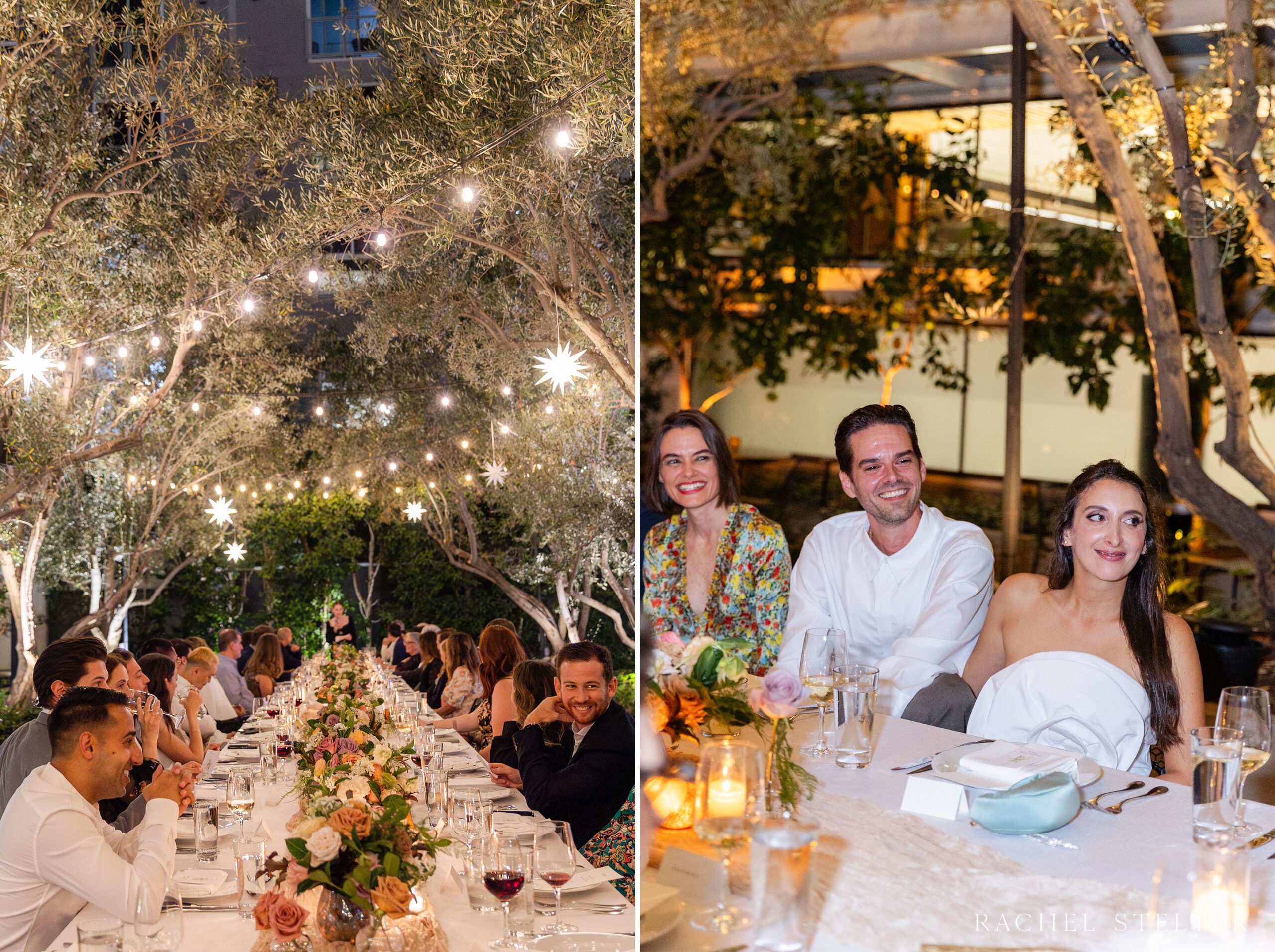 guests dine at a long farmhouse style table for wedding at Redbird LA