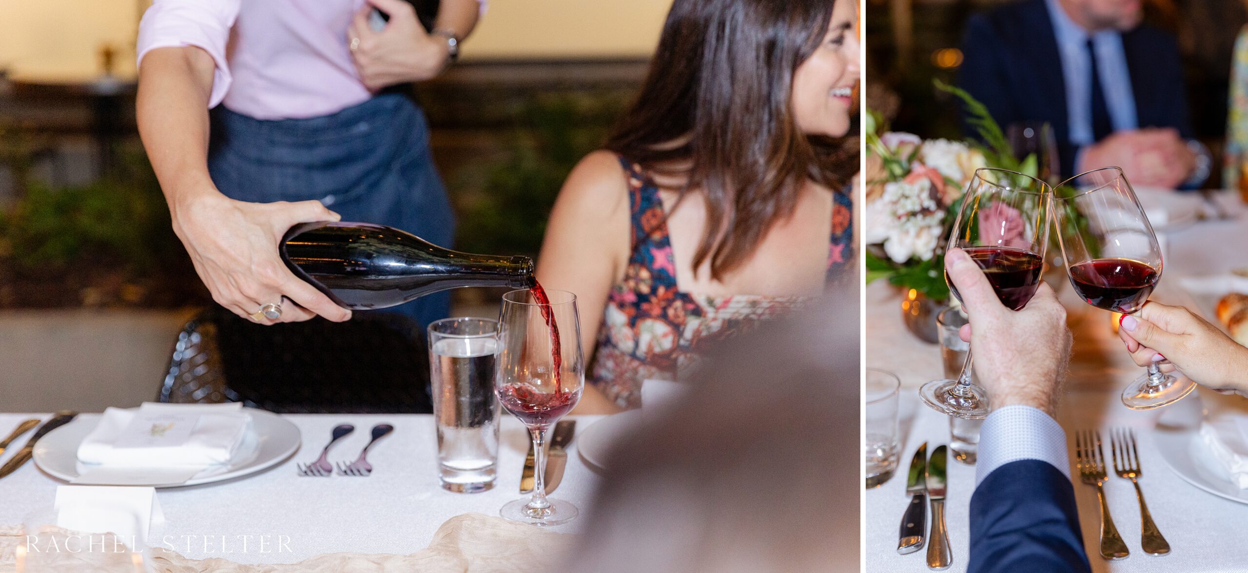 guests get served and toast to the bride and groom with red wine