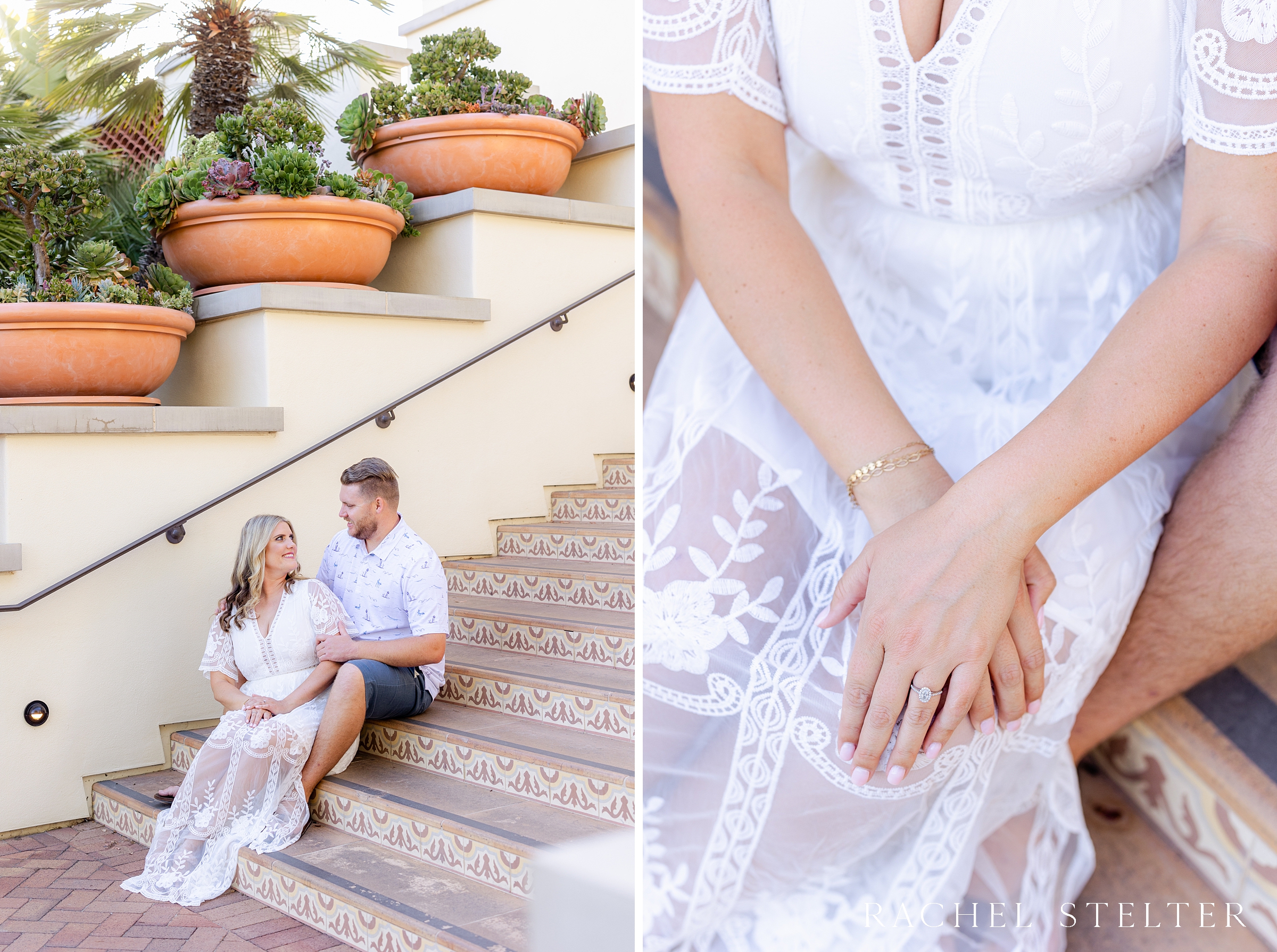 couple sits on beautiful steps of luxury Palos Verdes hotel