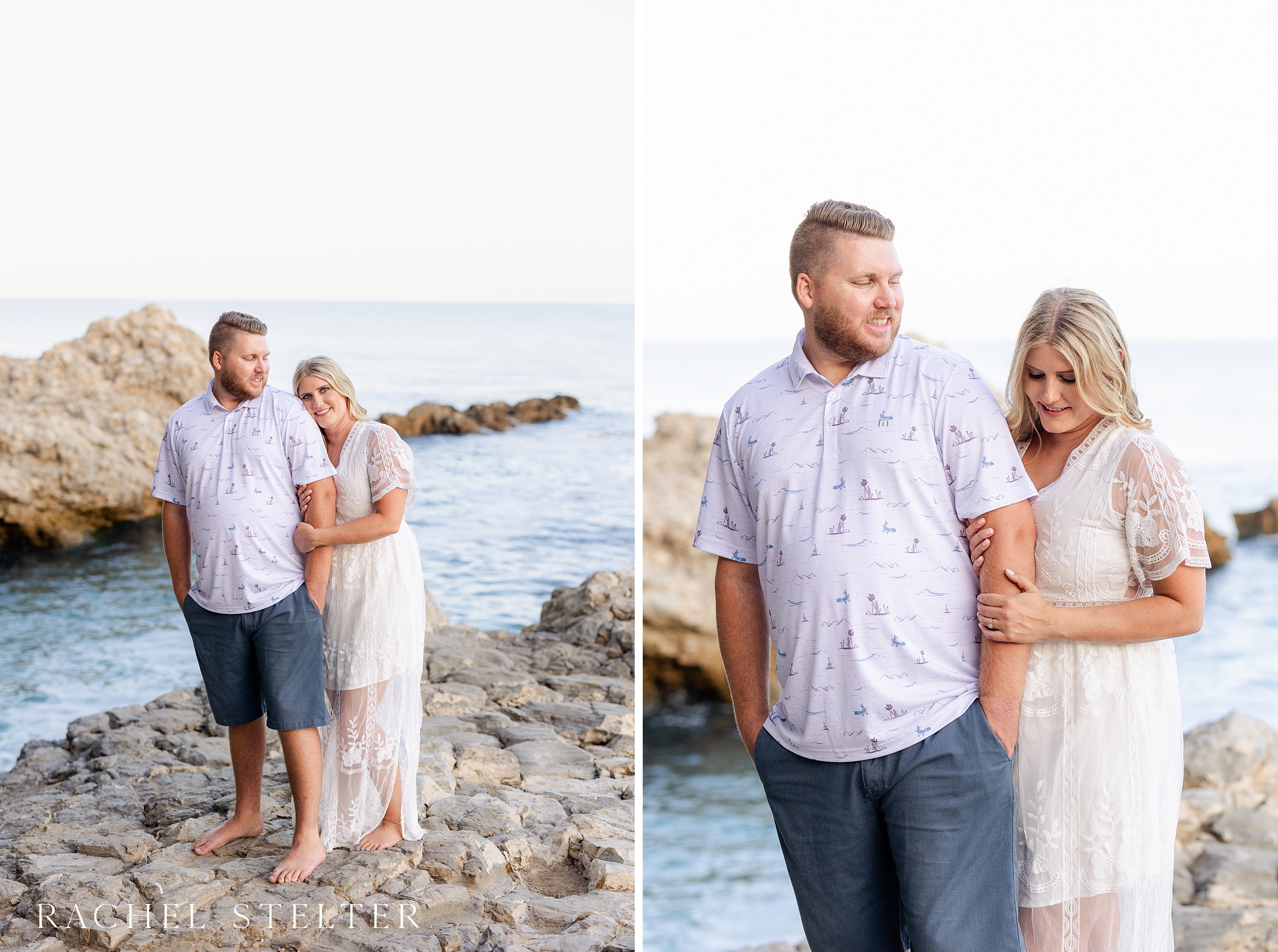 couple poses on rocks at SoCal beach session