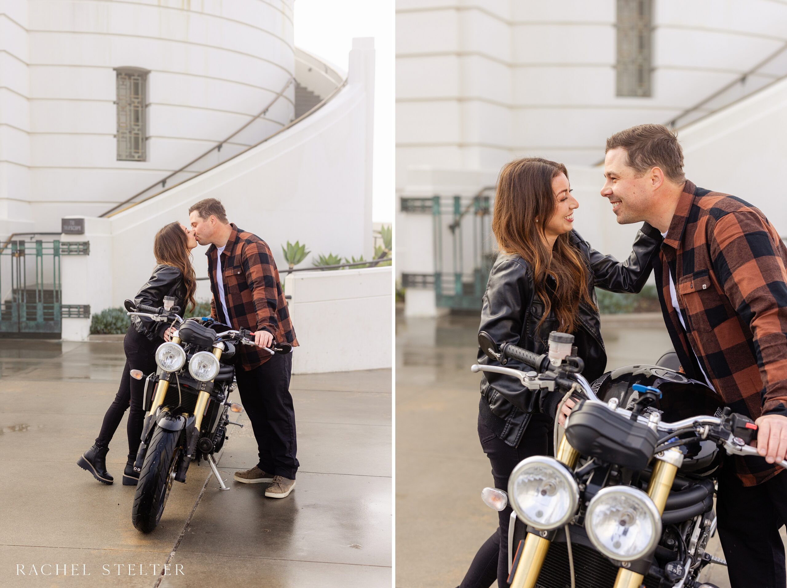edgy LA engagement session with motorcycle at an iconic landmark
