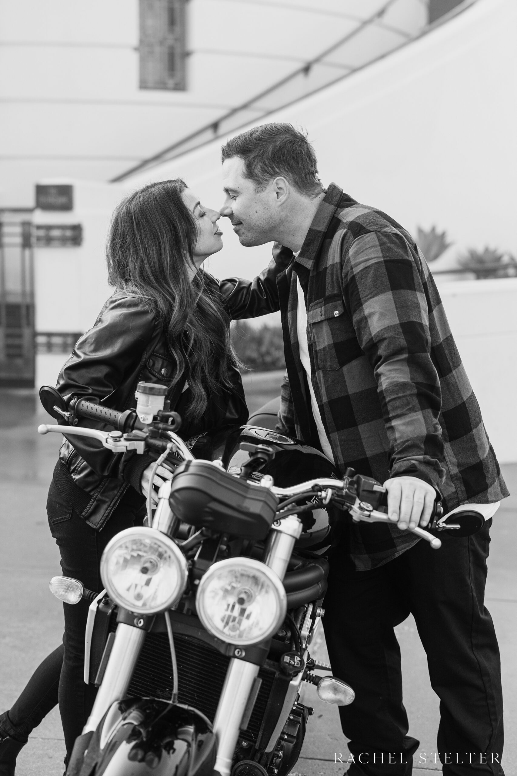 black and white LA engagement photo with motorcycle
