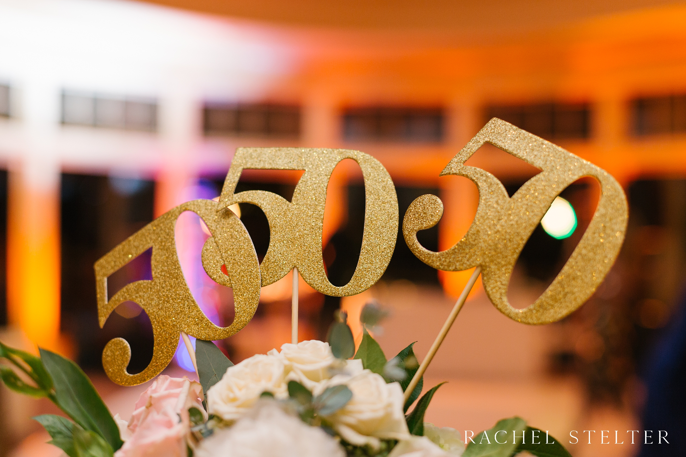golden 50th anniversary decor for party at Sherwood Country Club