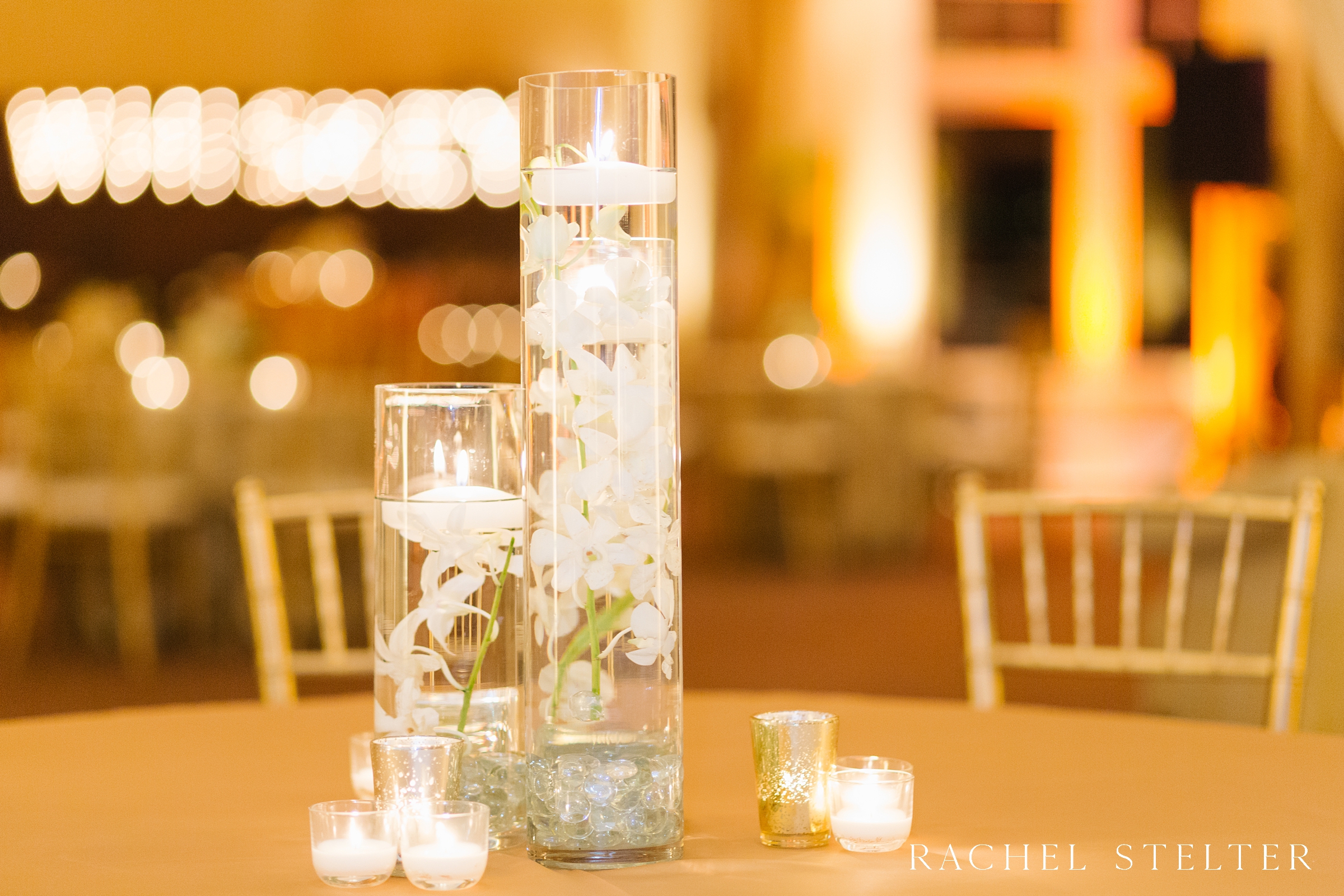 candle centerpiece in ballroom near Los Angeles