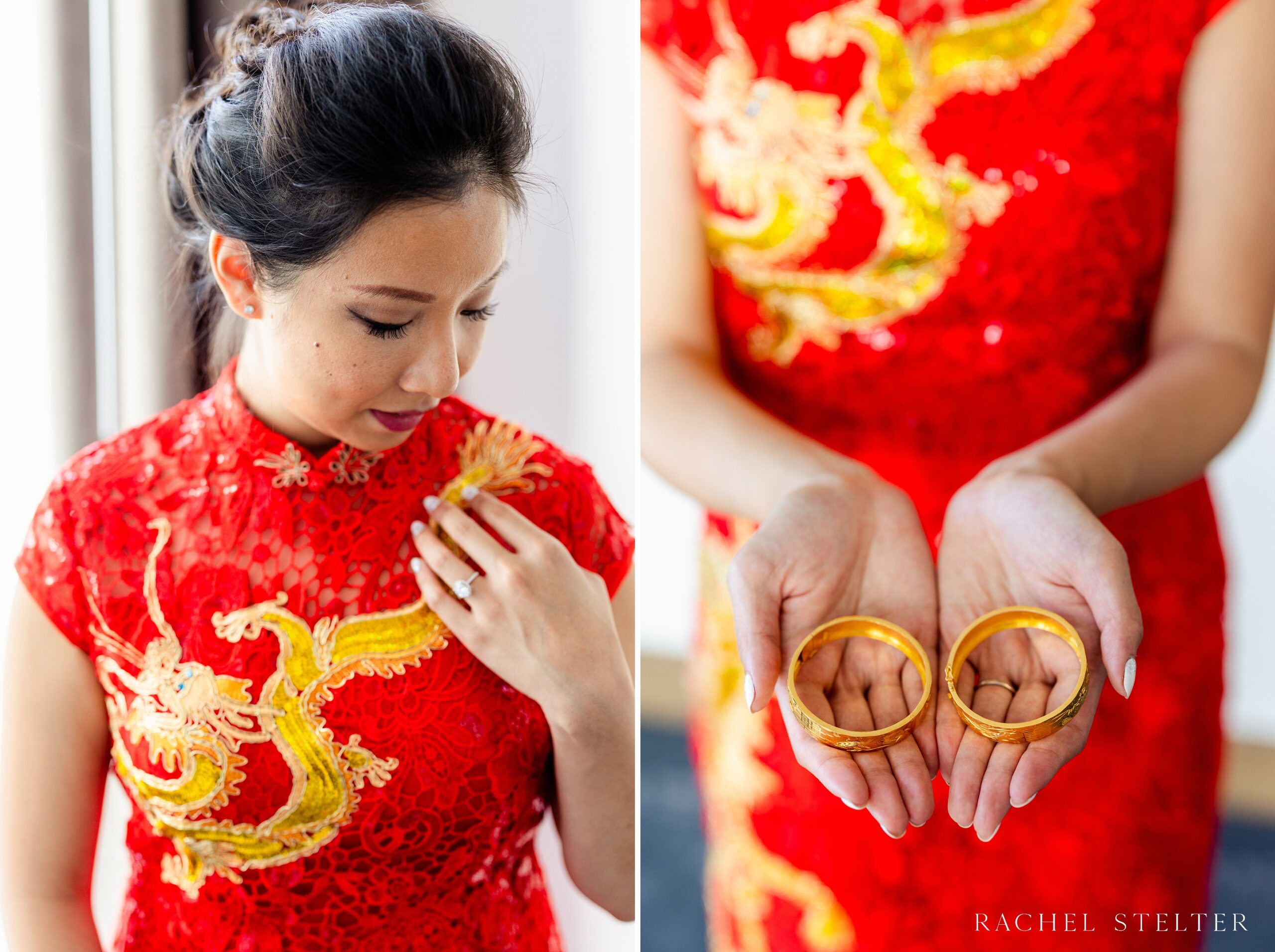 bride in red lace dress for wedding tea ceremony in DTLA
