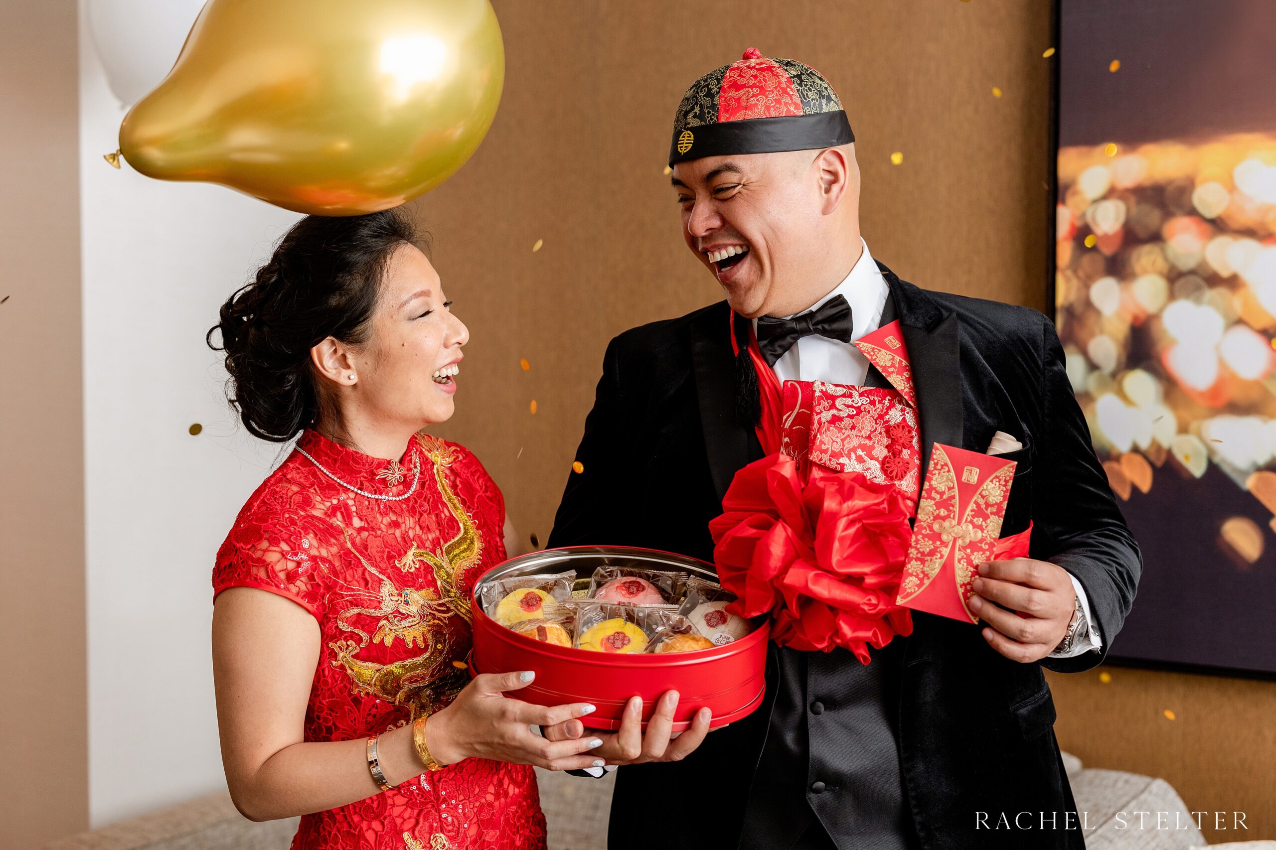 confetti falls around bride and groom after their SoCal tea ceremony 