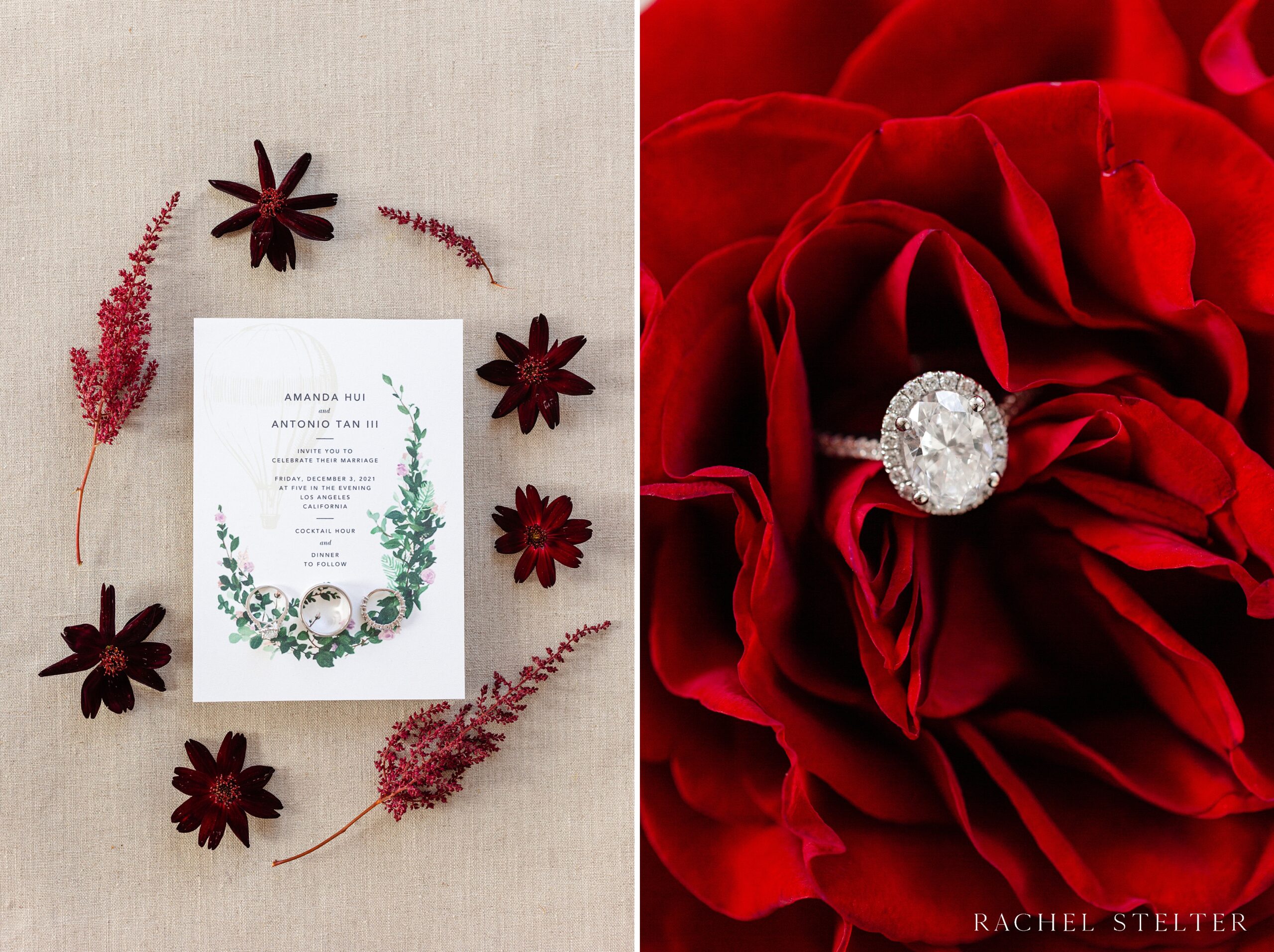deep red florals surround the invitation to a winter wedding in downtown Los Angeles
