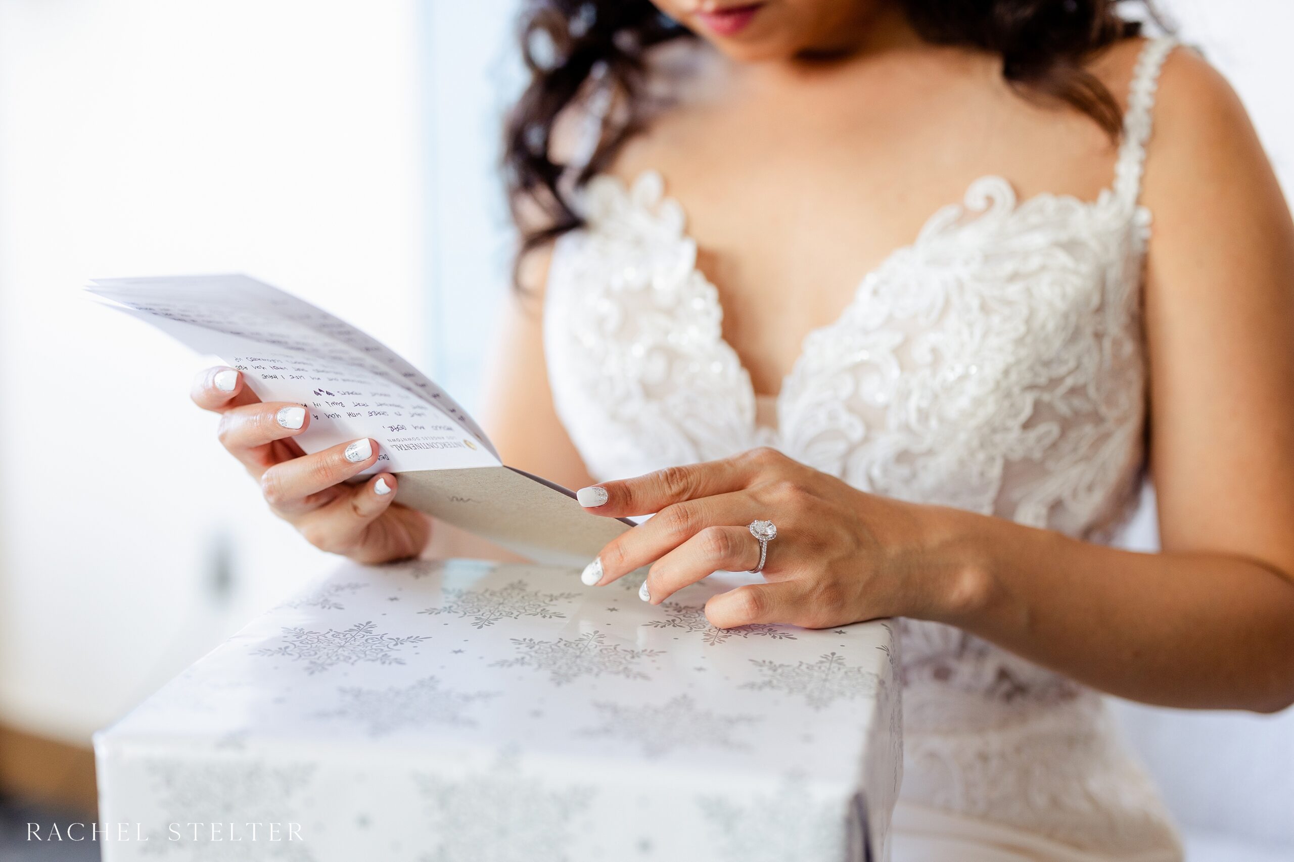bride reads letter on her wedding day at luxury hotel in downtown Los Angeles