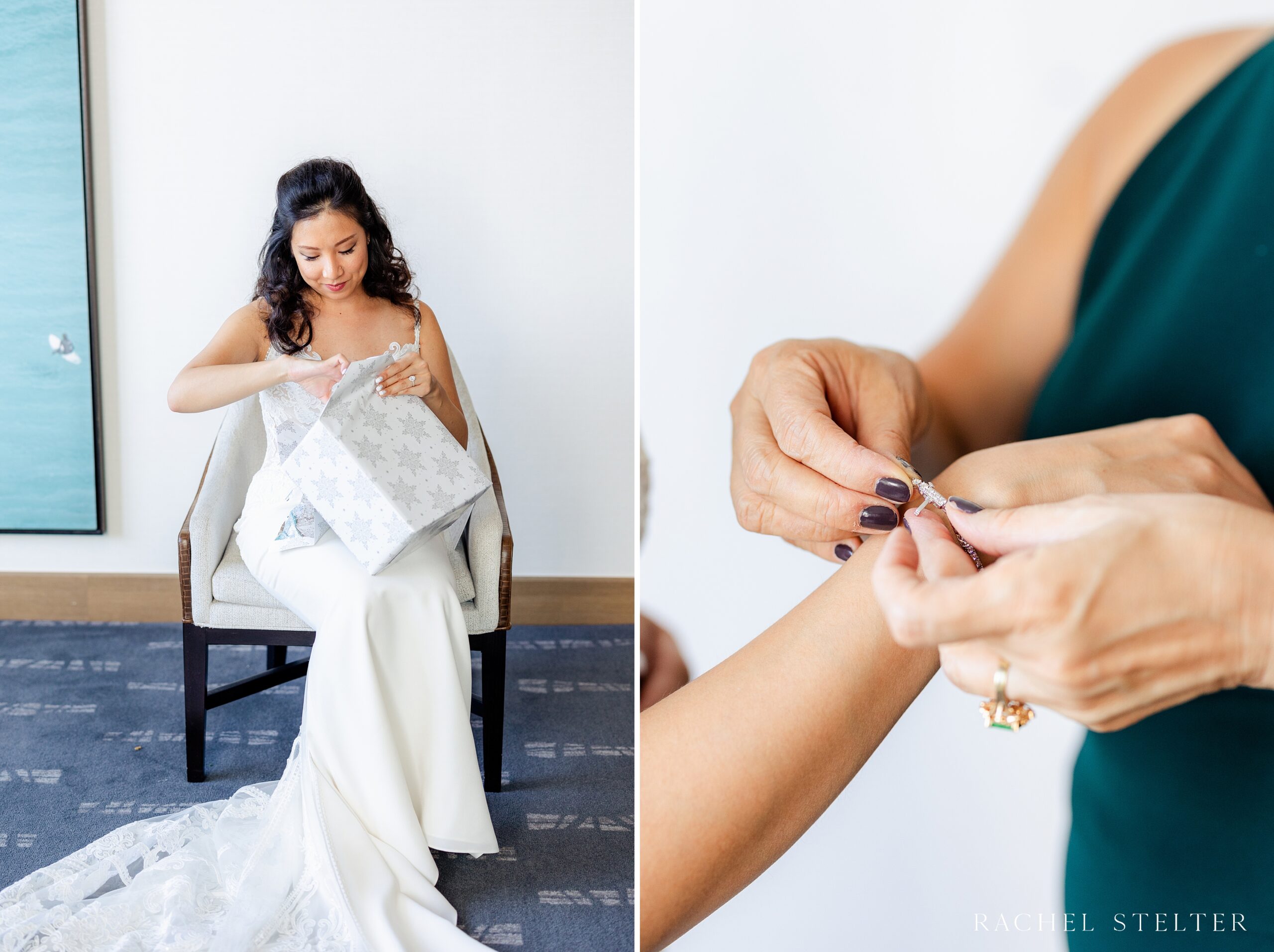 bride puts on diamond bracelet for her luxury DTLA wedding