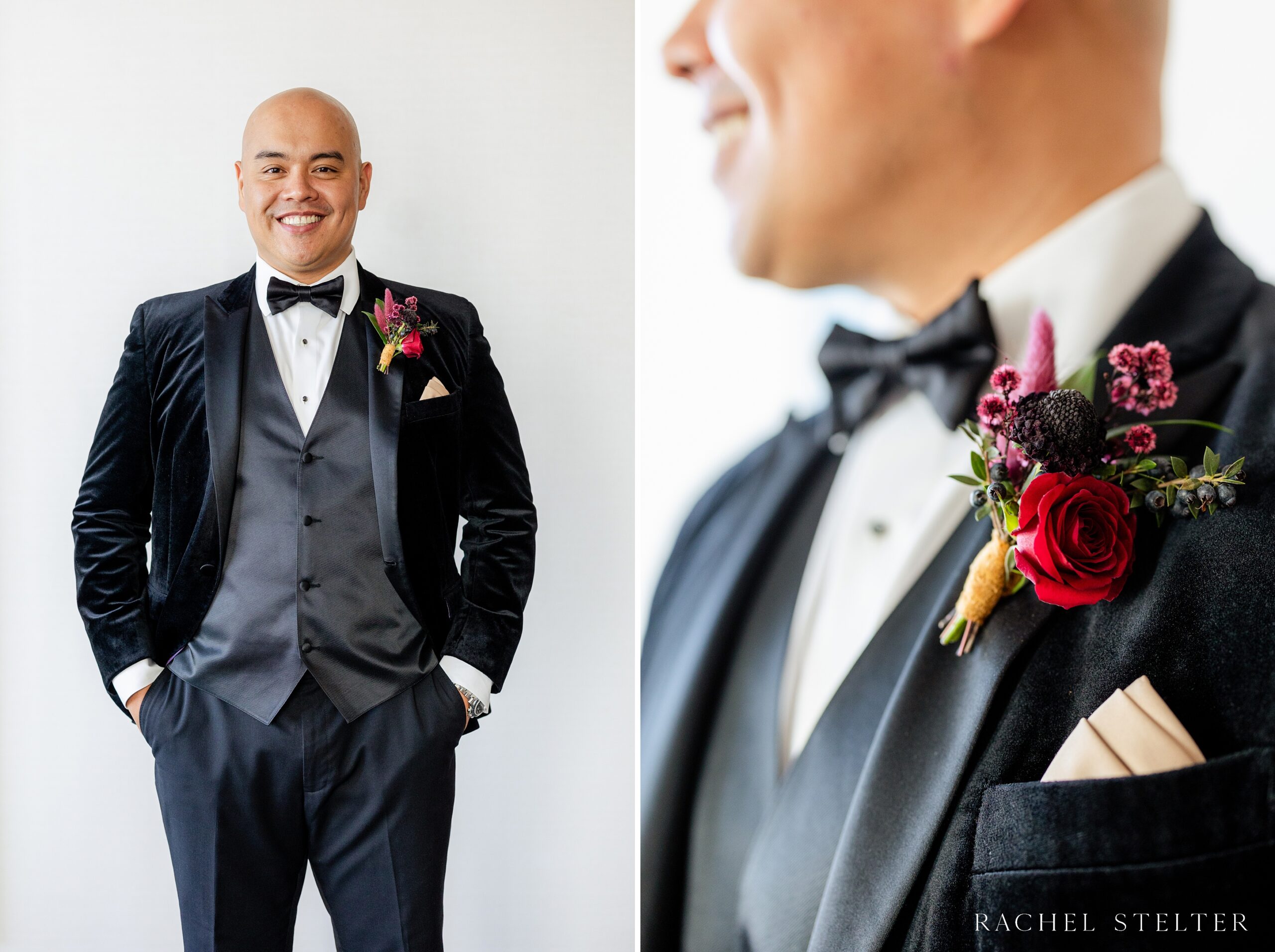 groom wears a black velvet tux for his winter wedding in downtown los angeles