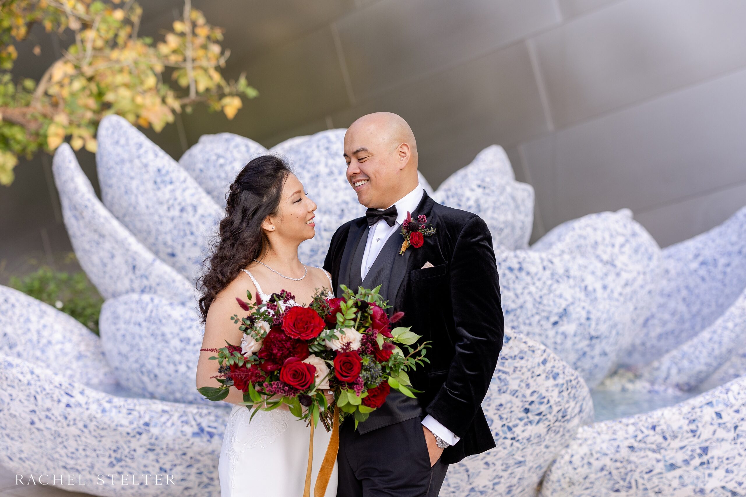 bride and groom at the Blue Ribbon Garden in DTLA