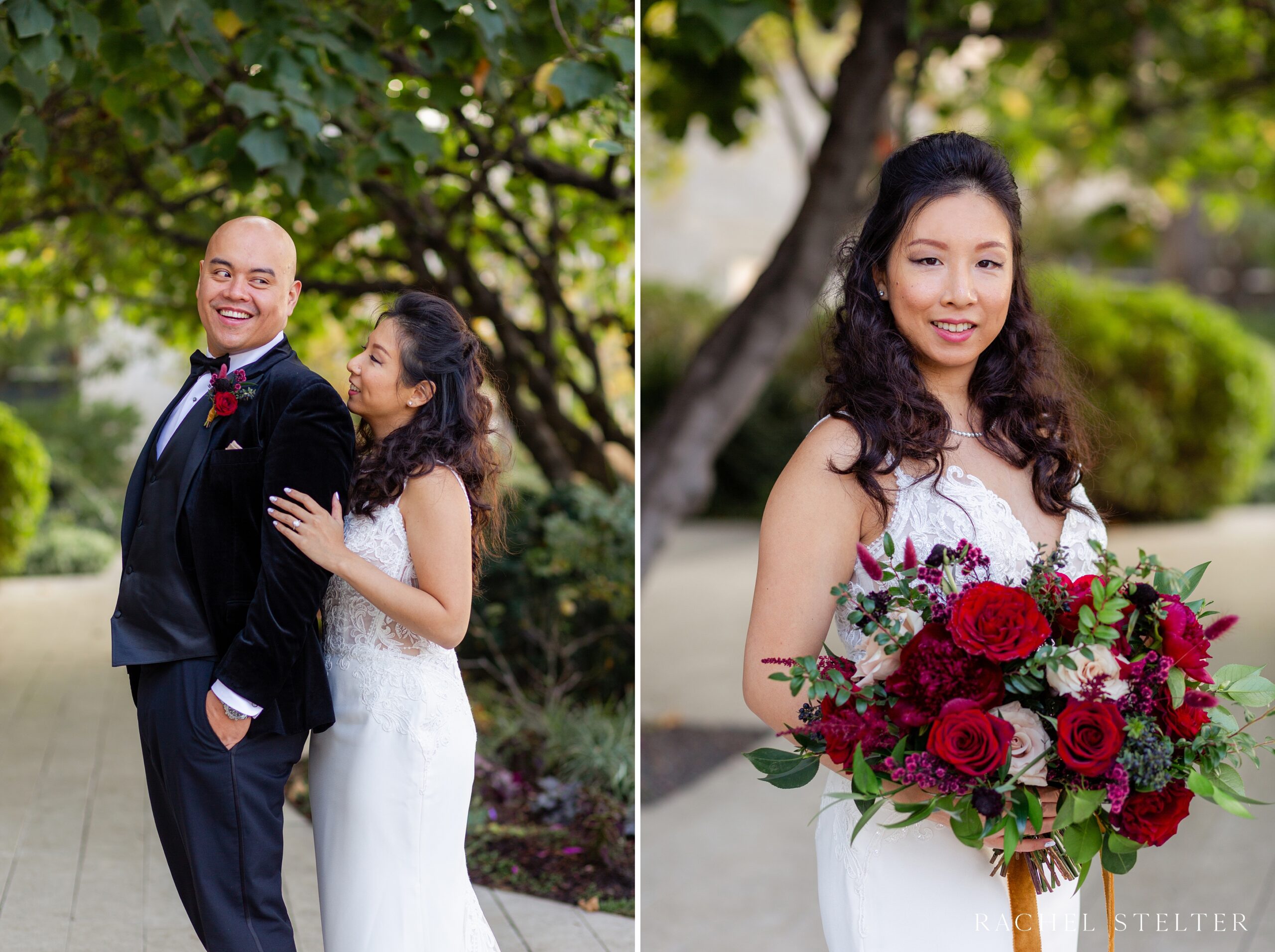 bride holds bouquet with red flowers for her December wedding in downtown LA