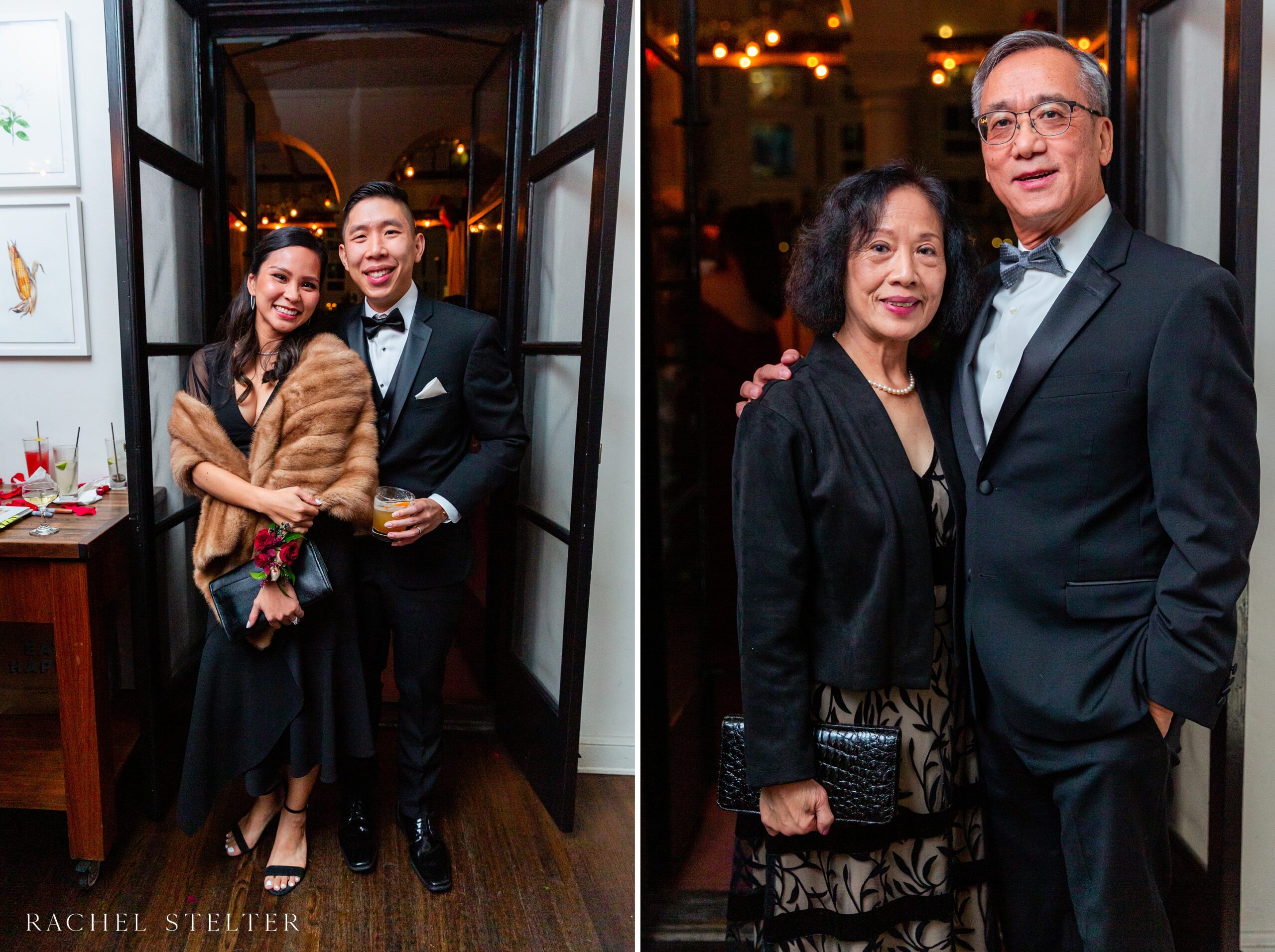 portraits of wedding guests at intimate wedding reception in DTLA